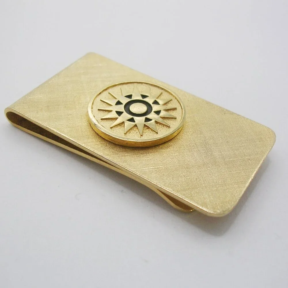 Vintage gold tone Money Clip Vergina Sun Symbol black Enamel